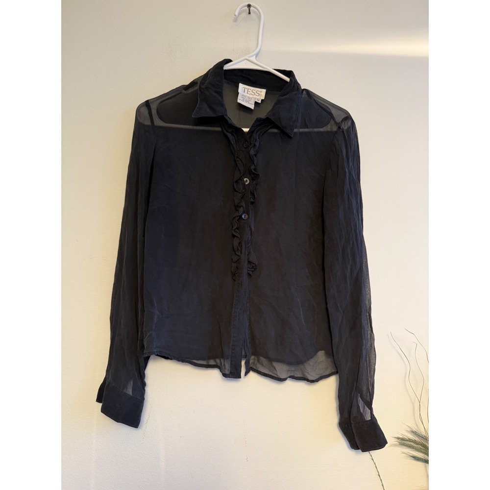 TESS Black 100% Silk Sheer Ruffle Front Button Up Blouse Womens Medium M